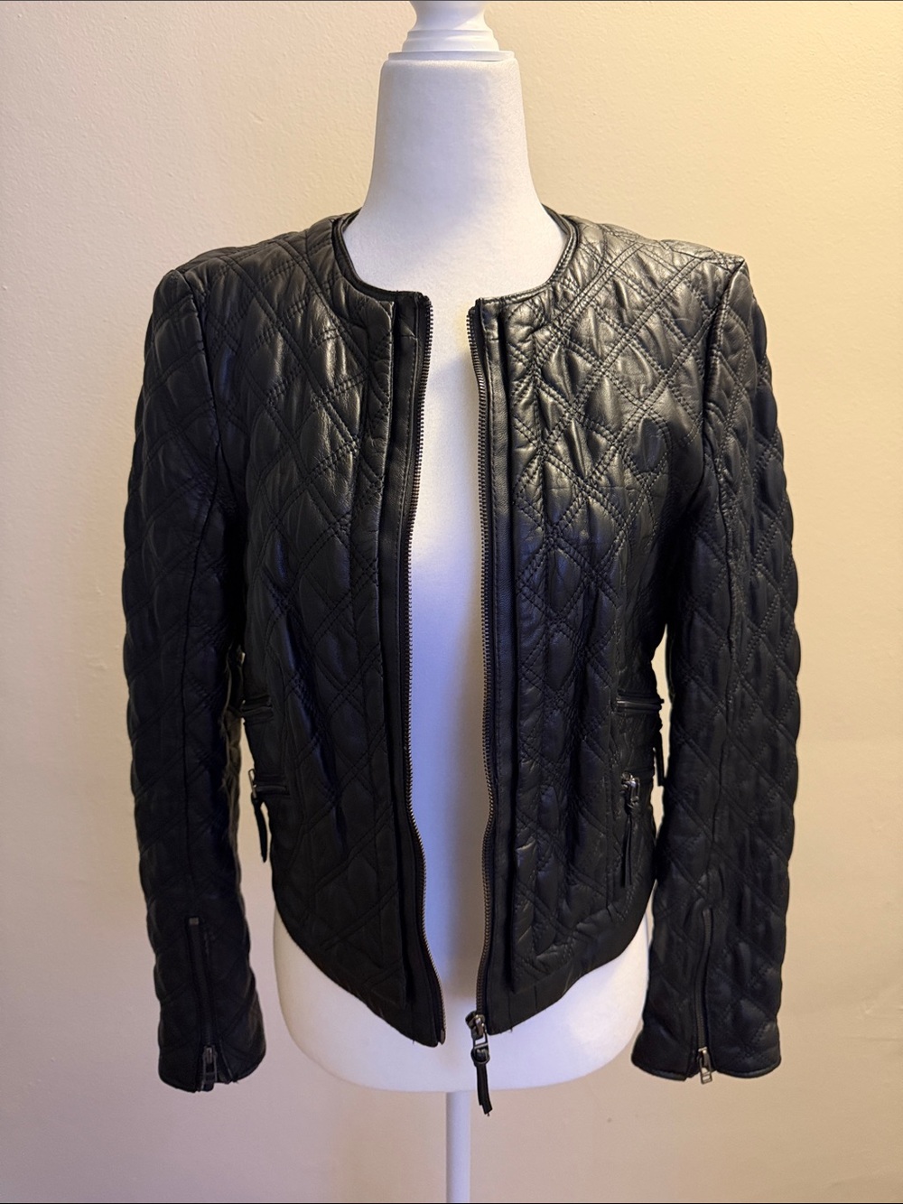 Black Quilted Faux Leather Jacket - Women's Zip Front